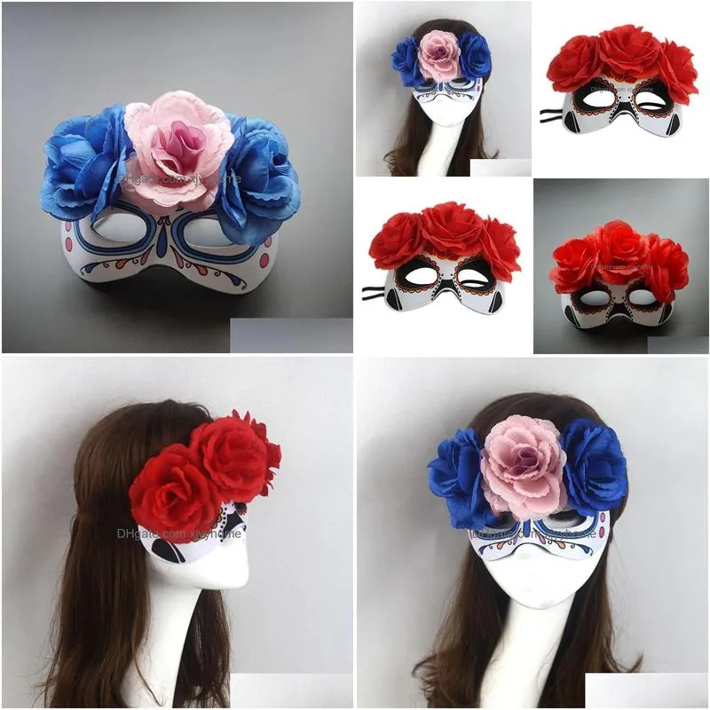 Party Masks Masquerade For Day Of The Dead Halloween Cosplay Show With Flower Ghost Wedding Carnival Half Face Mask Drop Delivery Dhncg