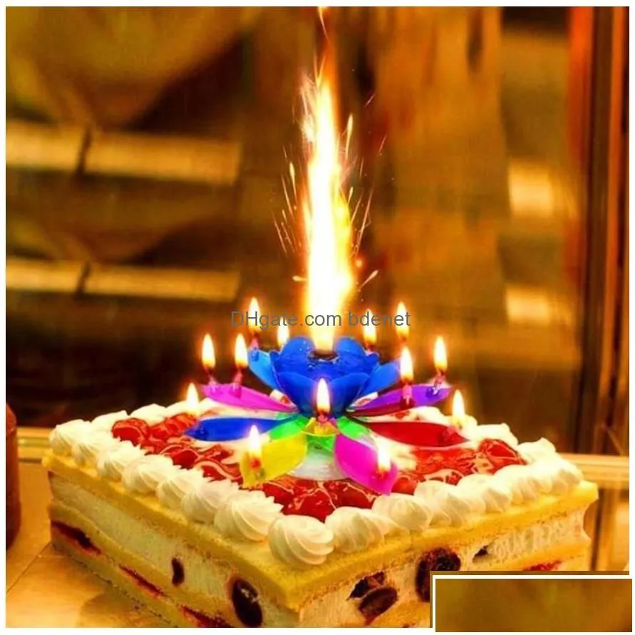 Other Festive & Party Supplies Blossom Rotating Musical Candle Lotus Flower Happy Birthday Art Lights For Diy Cake Decoration Kids G D Dhits