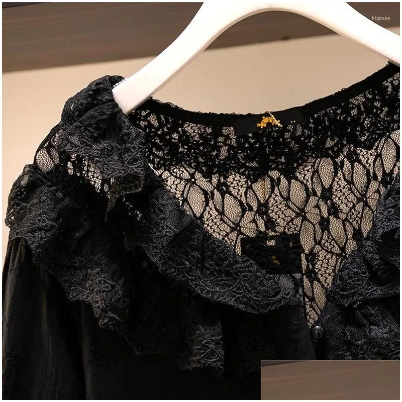 Women`s Blouses Arge Size Women`s Bust 153 Spring Loose Embroidery Hollow Lace Shirt Ruffle Lantern Sleeve Top 5XL 7XL 9XL 160KG