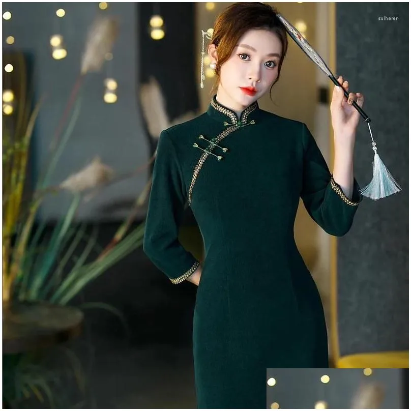 Ethnic Clothing Green Vintage Slim Fit Cheongsam Autumn Long Sleeve Plus Size 4XL Vestidos Traditional Chinese Dress Classic Elegant