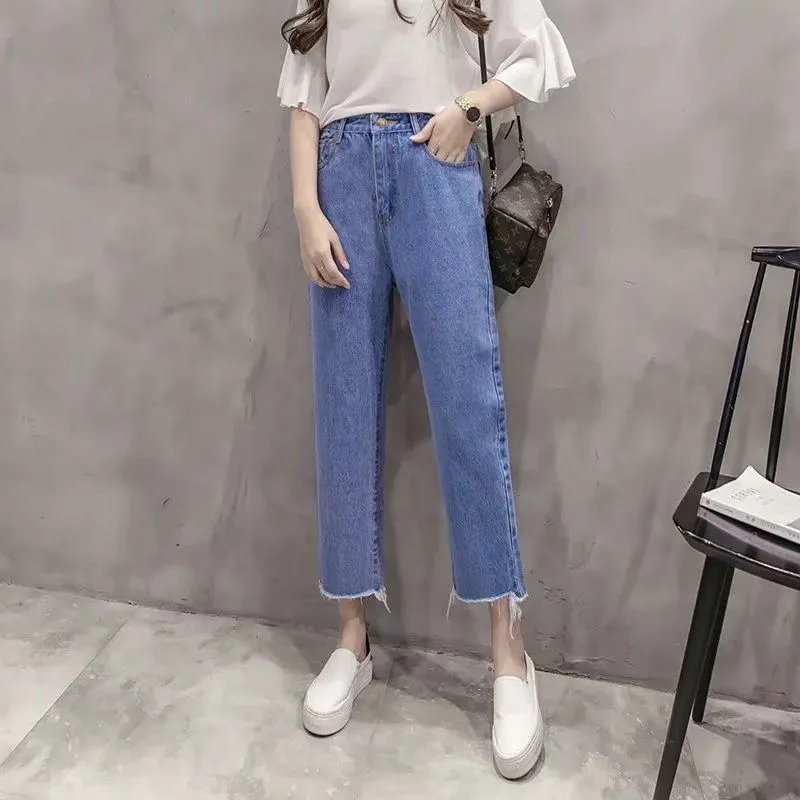 Spring Clothing Korean-style High-waisted Slimming Straight-leg Pants Jeans Women`s 2019 Loose-Fit with Holes Flash Capri Pants