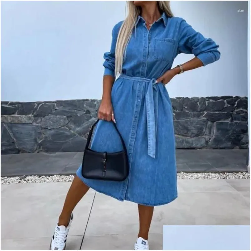 Casual Dresses Women 2024 Spring Solid Button Denim Dress Simple Turn-down Collar Lace-up Office Elegant Long Sleeve