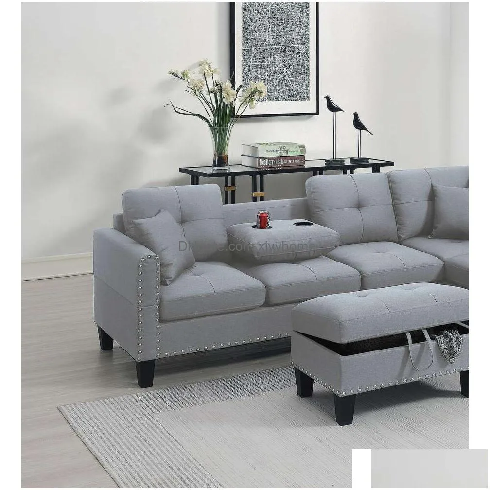 Bedroom Furniture Living Room 3-Pcs Sectional Set Laf Sofa Raf Chaise And Storage Ottoman Cup Holder Taupe Grey Color Linen-Like Fabri Dhfid