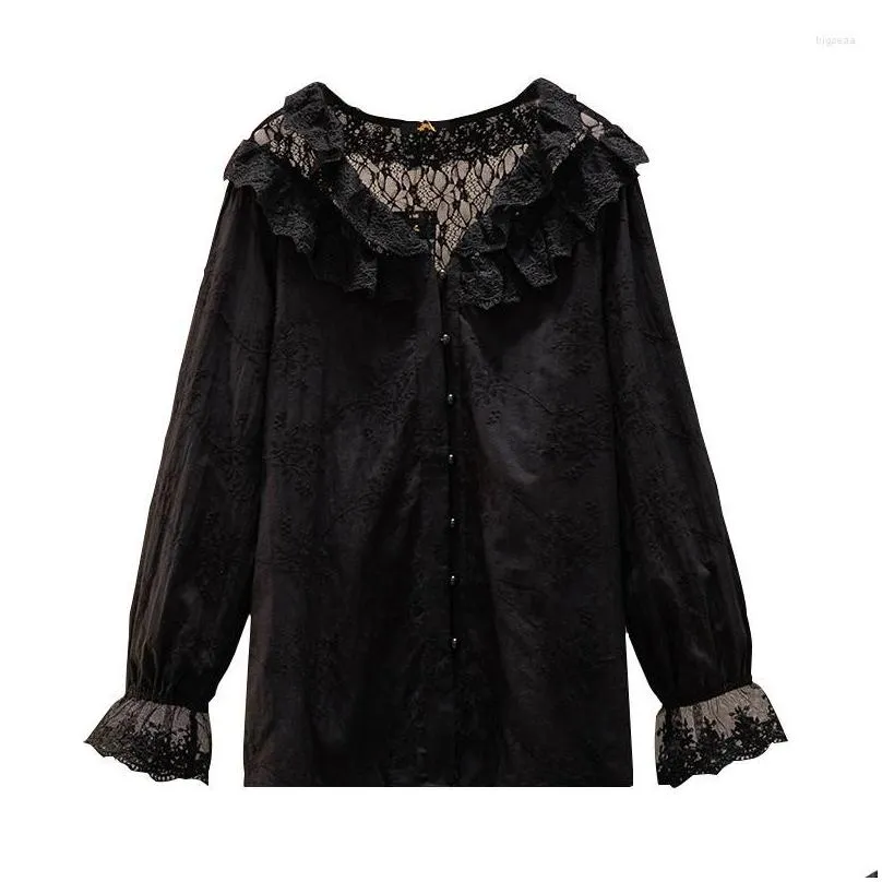 Women`s Blouses Arge Size Women`s Bust 153 Spring Loose Embroidery Hollow Lace Shirt Ruffle Lantern Sleeve Top 5XL 7XL 9XL 160KG