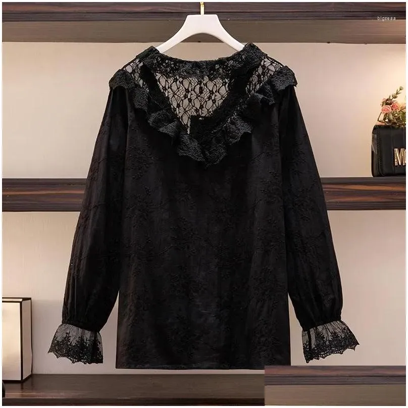 Women`s Blouses Arge Size Women`s Bust 153 Spring Loose Embroidery Hollow Lace Shirt Ruffle Lantern Sleeve Top 5XL 7XL 9XL 160KG