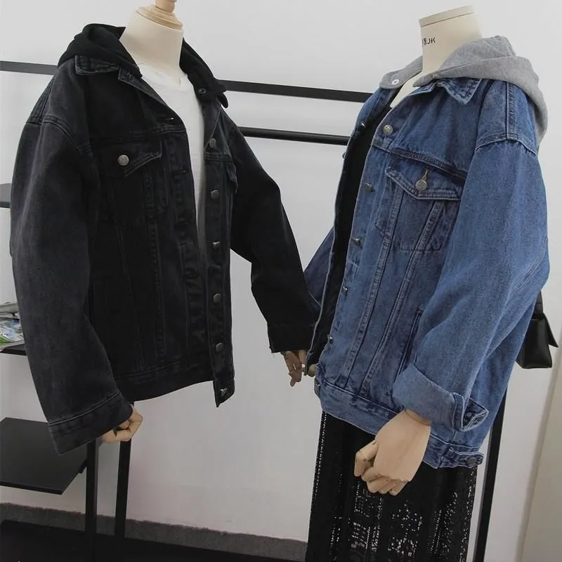 Women`s Jackets Autumn 2021 Korean Washed Black Loose Removable Hooded Women Denim Jacket Couple Plus Size Fashion Bomber Vetement