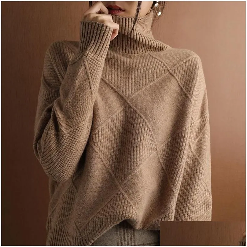 Cashmere Sweater Women Turtleneck Pure Color Knitted Pullover 100% Wool Loose Large Size