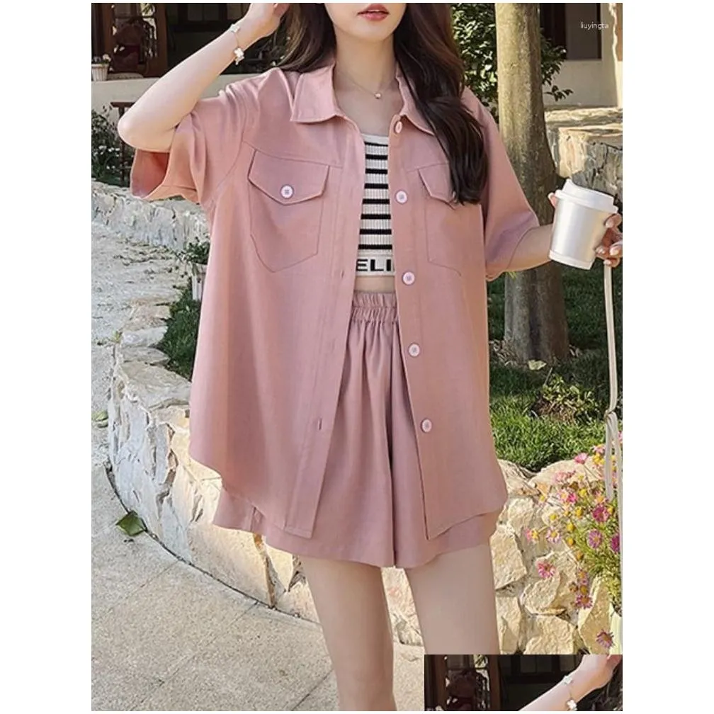 Women`s Tracksuits Summer Elegant Casual Loose Shorts Suit Women Fashion Vintage Shirts Tops And Pants 2 Pieces Set Female Party