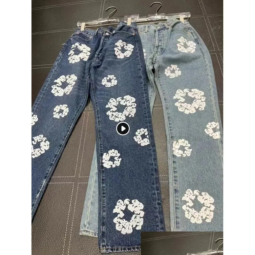 designer jeans Denim trousers Flower Print Purple jeans shorts pants Streetwear Straight Casual Men and Women Trousers pants for men street Hip