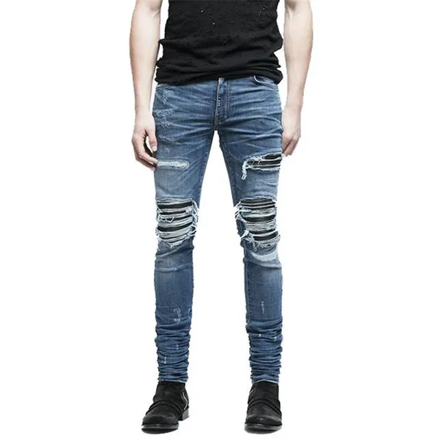 MORUANCLE Brand Designer Mens Ripped Biker Jeans Hi-Street Distressed Moto Denim Joggers Trousers Leather Patchwork Black Blue