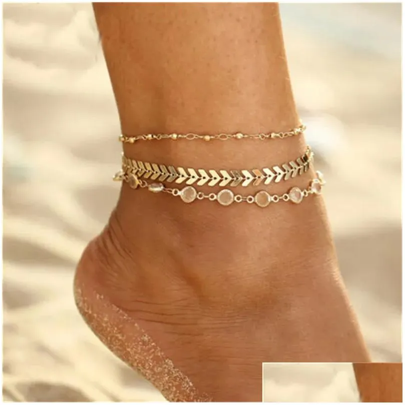 Anklets Beach Accessories Crystal Lozenge Anklet For Women Wholesale Bohemian Vintage Ancle Sandals Ankle Bracelet Chain Jewelry