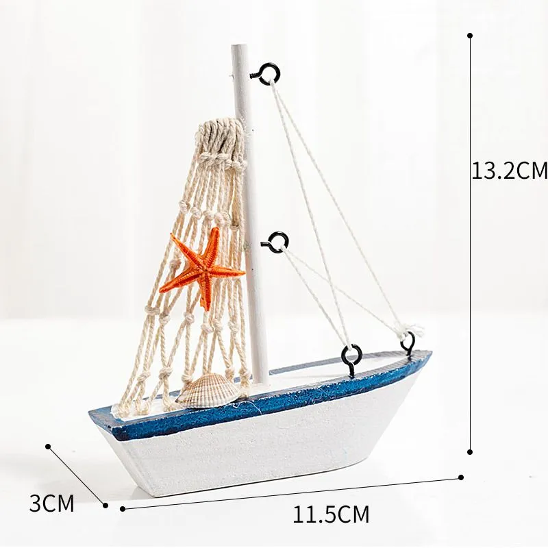 Mini Sailboat Model Decoration Wooden Miniature Sailing Boat Home Decor Set, Beach Nautical Design, Navy Blue and White