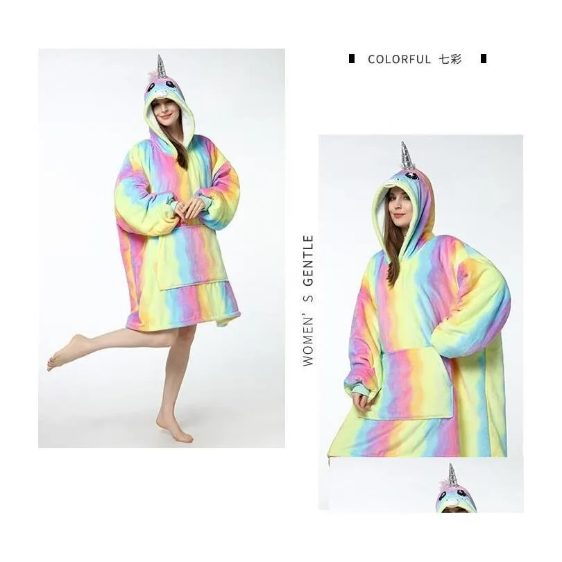Women`s Home Sleepwear Printed Lazy Clothes Pullover Fleece Hooded TV Blanket Outdoor Function Cold-proof Clothing Tracksuit