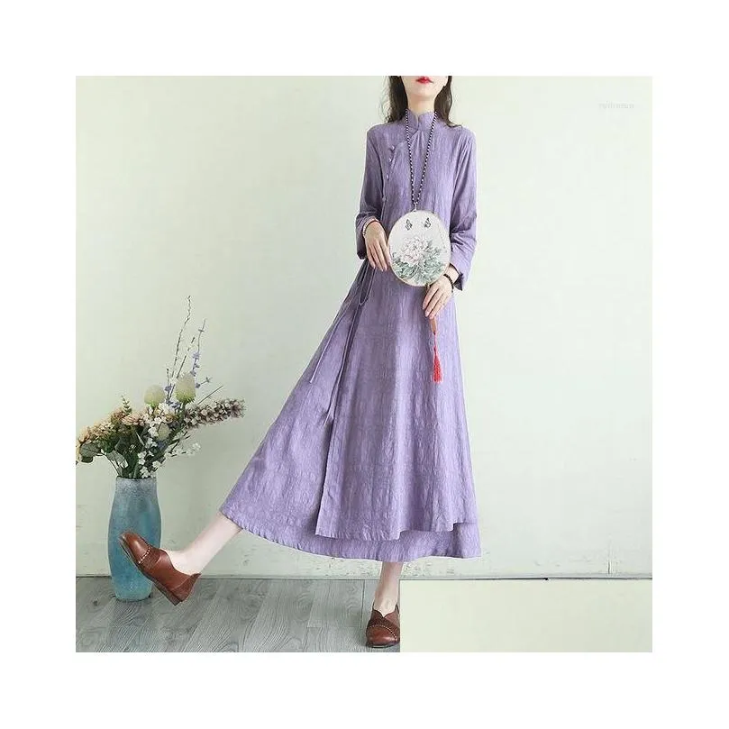 Ethnic Clothing 2023 Chinese Cotton Linen Retro Style Dress Women`s Summer Standing Collar Long Art Improved Qipao