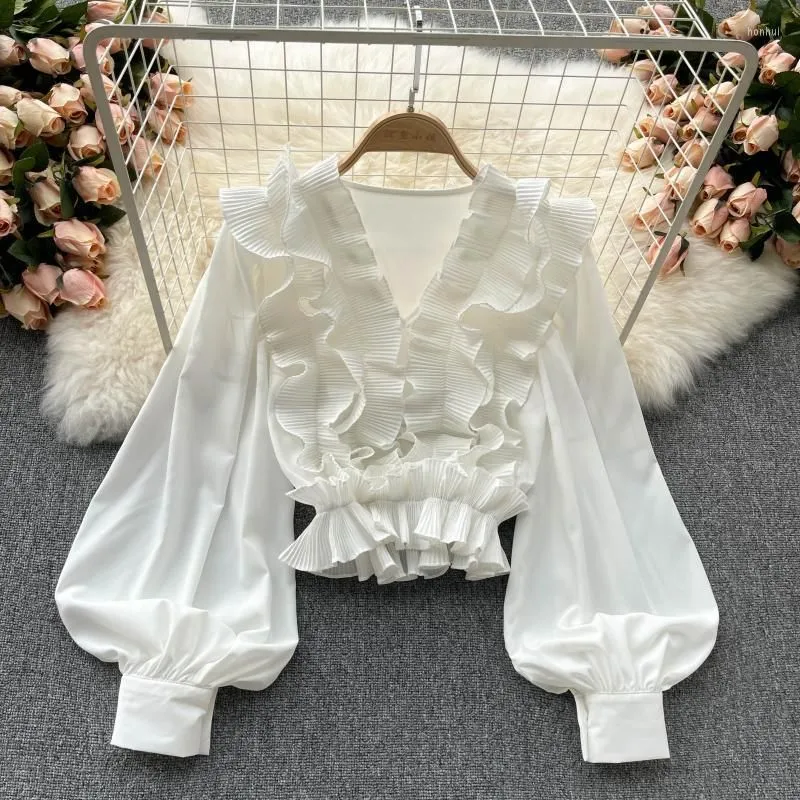 Women`s Blouses Sweet Pleated Ruffles Chiffon Shirt Autumn Women Sexy V-Neck Elastic Waist Tunic Black White Pink Long Sleeve Short