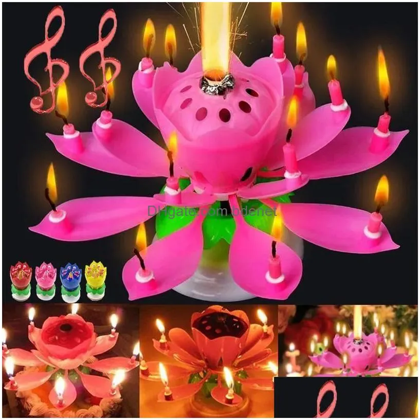 Candles Birthday Cake Music Rotating Lotus Flower Christmas Festival Decorative Wedding Party Decorat Drop Delivery Home Garden Decor Dhvnu