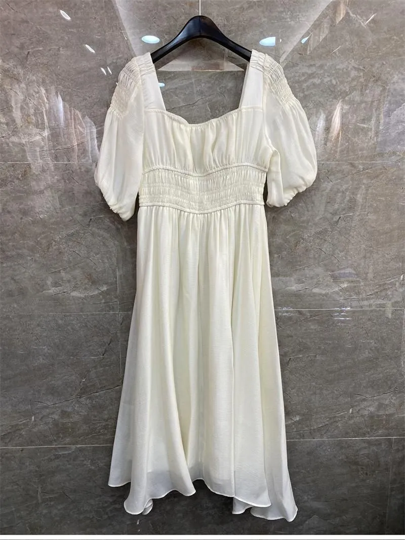 Casual Dresses High Quality Brand Summer Dress 2022 Women Sexy Square Collar Elastic Waist Short Sleeve Mid-Calf White Black