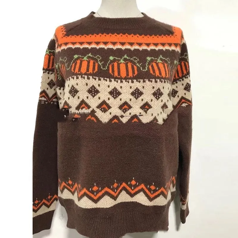 Women`s Sweaters Boho Pumpkin Knitted Pullovers Women Christmas Ladies Ethnic Warm Female Loose 2021 Autumn Winter Fashion
