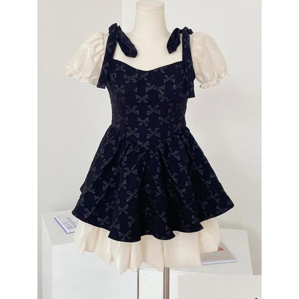 Casual Dresses Women Princess Tutu Party Black Mini Dress Short Sleeve Bow Mesh Patchwork Vintage Birthday Ladies Girls Summer