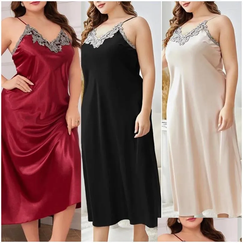 Women`s Sleepwear Sexy Lace Applique Long Nightdress Gown Women Home Dress Satin Nightgown Big Size XL-5XL
