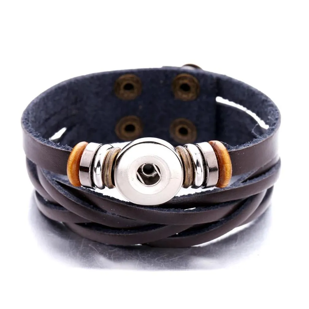 Braided Black Brown Leather Snap Button Bracelet Fit 18mm Snaps Jewelry
