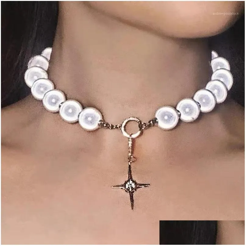 Chokers 1Pcs Fashion All-match Personality Large Bead Necklace Exaggerated Color Cross Pendant Clavicle Chain Jewelry1