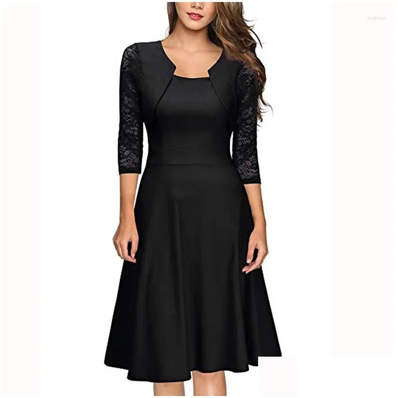 Casual Dresses Retro Solid A-line Party Dress Women Spring Autumn Square Collar Half Sleeve Hollow Out Elegant Office Lady Vestidos