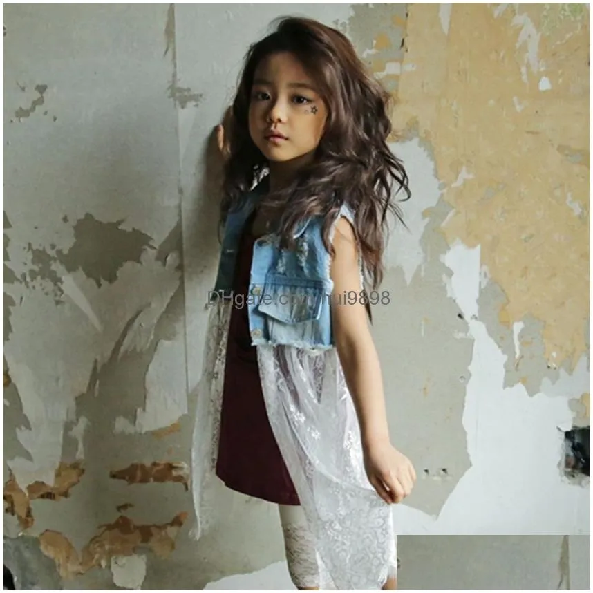 brand fashion autumn baby denim girl dress girl lace dress with  coat lace skirt 3t to 8t5410190