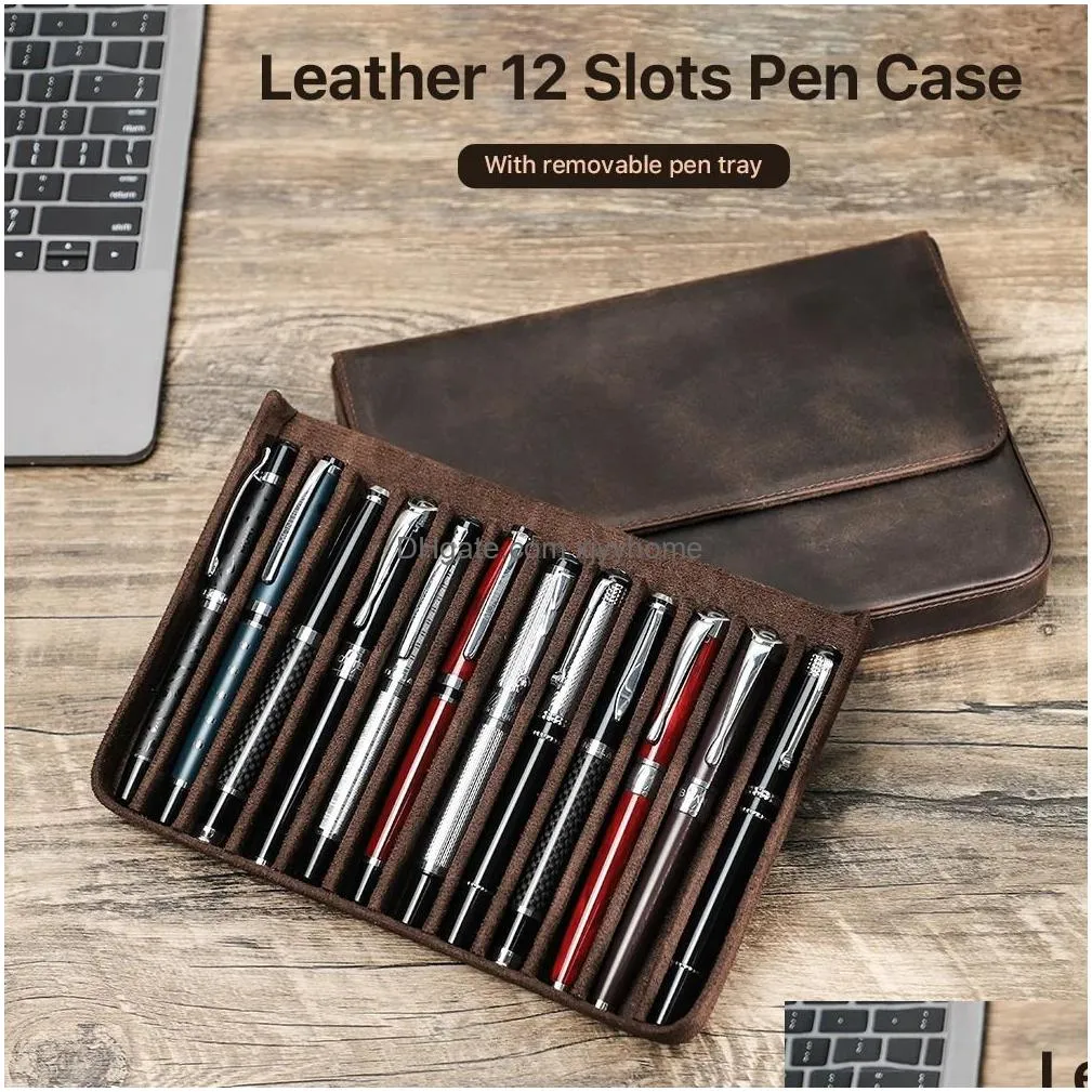 Pencil Bags Wholesale Luxury Genuine Leather 12 Slots Fountain Pen Case Box Office School Stationery Storage Pouch Holder With Removab Dhl78