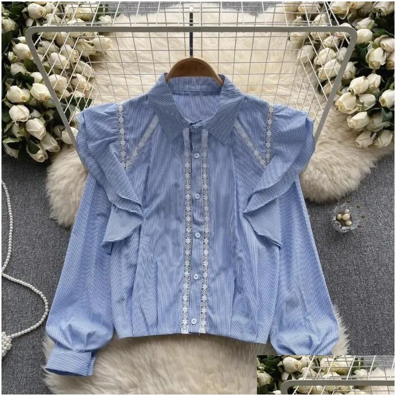 Women`s Blouses French Chic Women Blouse Sales Flounced Edge Striped Turn-down Collar Long Puff Sleeve Shirts Autumn Casual Female