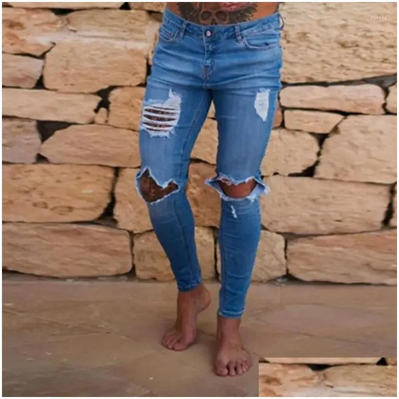 Men`s Jeans Hole Jean Fashion Skinny Stretch Denim Pencil Pants Distressed Ripped Biker Slim Fit Trouser Size