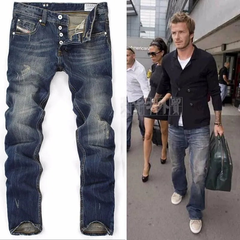Man Fashion Designer Jeans Men Cotton Straight Dark Blue Button Jeans White Printing Cylinder Thickness  Jean Trousers