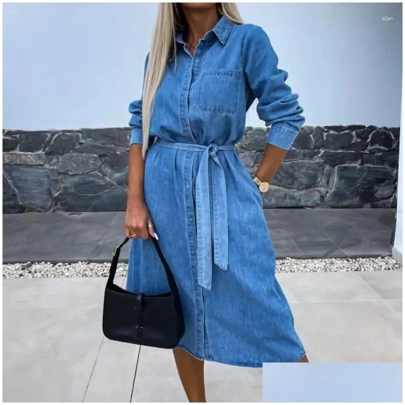 Casual Dresses Women 2024 Spring Solid Button Denim Dress Simple Turn-down Collar Lace-up Office Elegant Long Sleeve