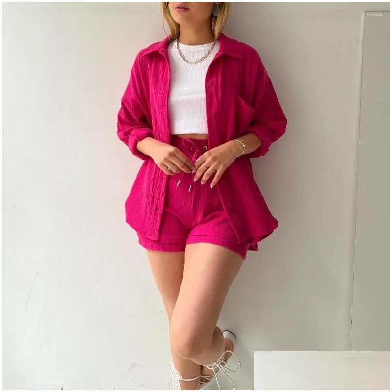 Women`s Tracksuits Women Outfit Long Sleeve Anti-Pilling Versatile Solid Color Pleated Shirt Wide Leg Shorts Set Top Streetwear