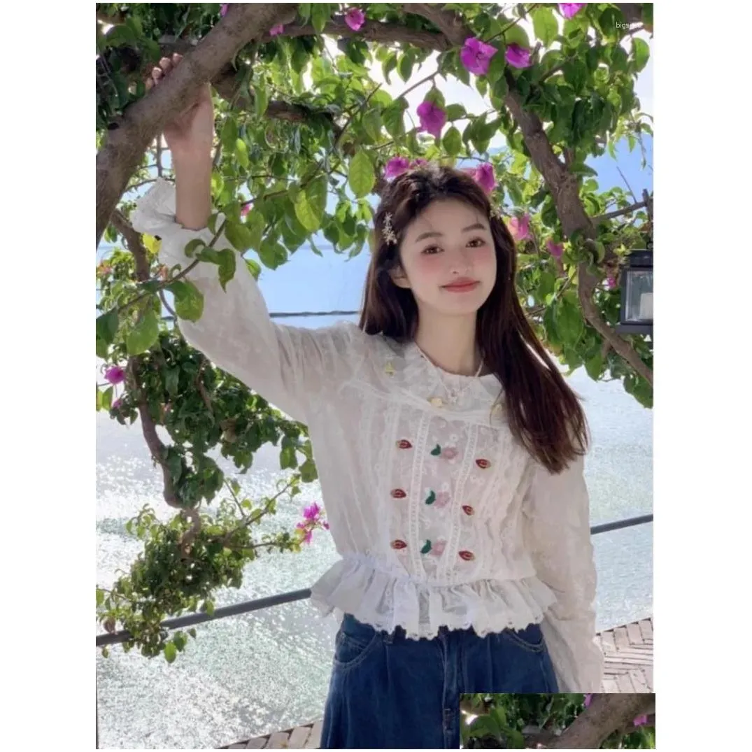Women`s Blouses Korean Sweet Three-dimensional Flower Embroidery Lapel Shirts Ruffles Patchwork Slim Long Sleeve Crop Top Aesthetic
