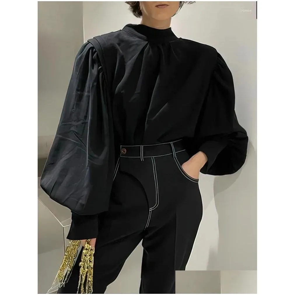 Women`s Blouses Korean Y2k Turtleneck Puff Sleeve Fashion Women Back Button Up Tees Shirt Designer Top 2023 Autumn