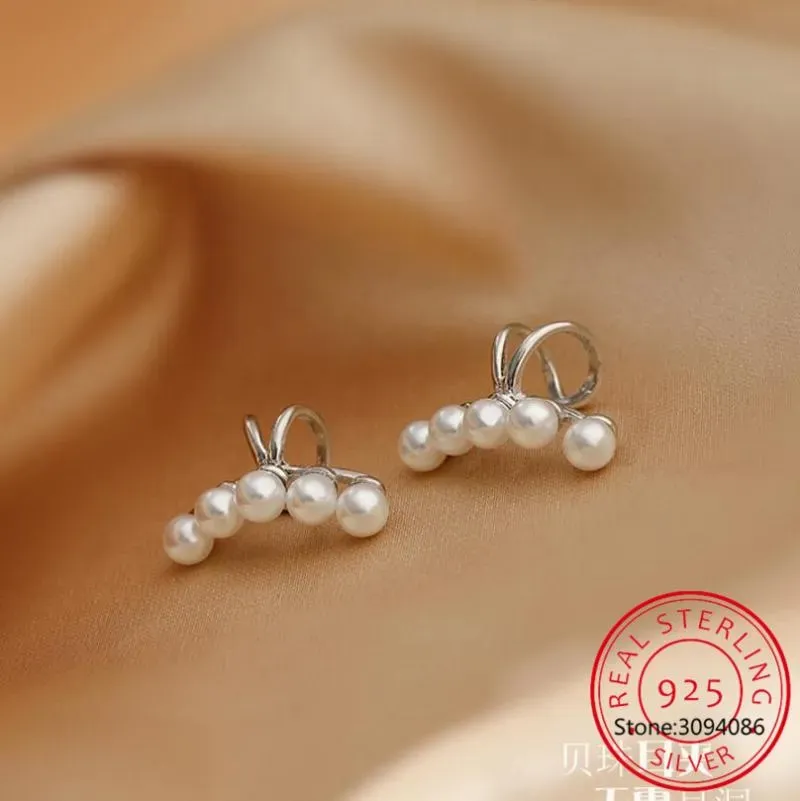 Backs Earrings Genuine 925 Sterling Silver Pearl No Pierced Charming Ear Clip On For Women Girl Office Party Cuff Jewelry