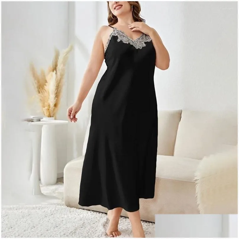 Women`s Sleepwear Sexy Lace Applique Long Nightdress Gown Women Home Dress Satin Nightgown Big Size XL-5XL
