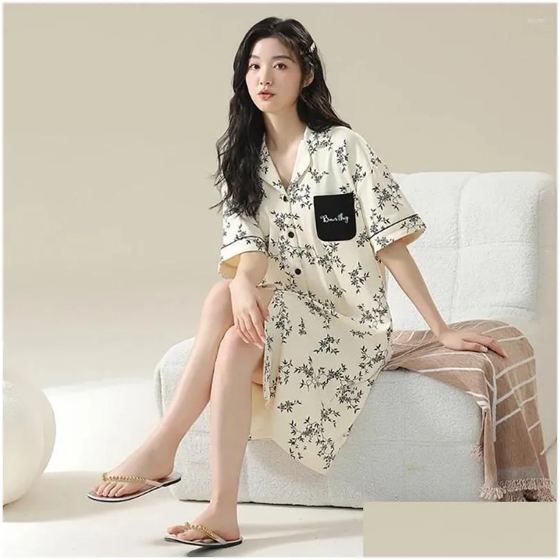 Women`s Sleepwear Cotton Anti Mite Antibacterial Women Summer Sexy Lace Short Sleeve Dress Loose Casual Korean Style Nightgowns