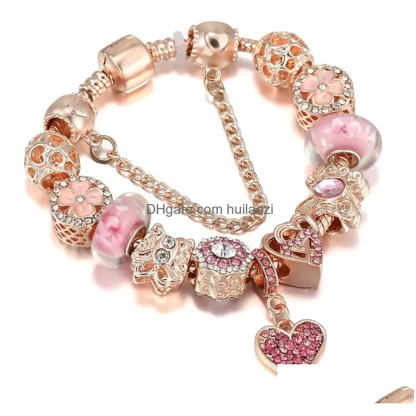 top quality rose gold pink silver charm beads cherry red heart crystal butterfly flower fits european charms bracelets safety chain jewelry diy