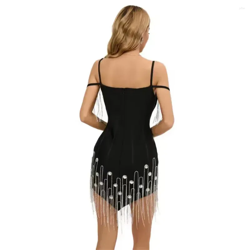 Casual Dresses 2024 Spaghetti Strap Bandage Dress Women Sexy Beading Tassel Club Party Celebrity Elegant