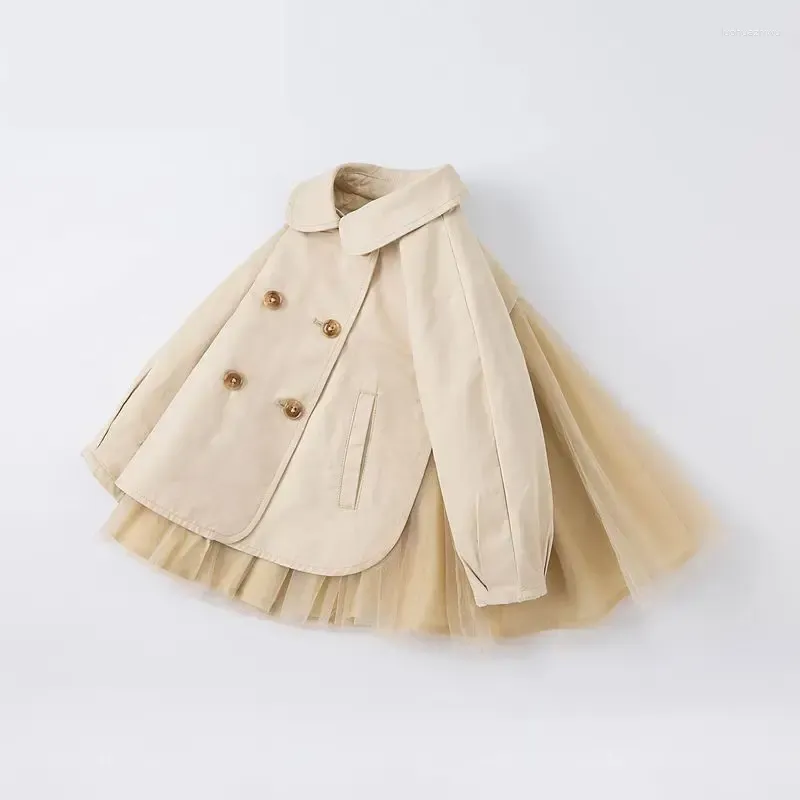 Jackets 2024 Autumn Girls Multi Mesh Fairy Beige Double Single Button Trench Coats Dresses