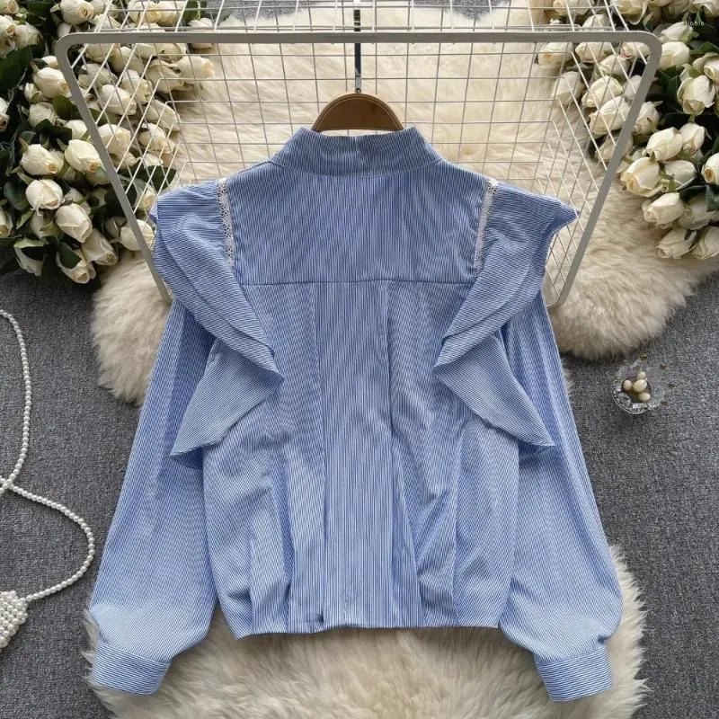 Women`s Blouses French Chic Women Blouse Sales Flounced Edge Striped Turn-down Collar Long Puff Sleeve Shirts Autumn Casual Female