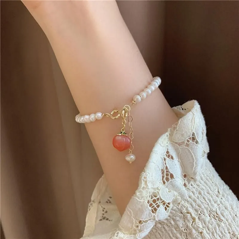 Bangle Design Sweet Fruit Peach Pink Agate Natural Freshwater Pearls Beads Handmade Strand Bracelets For Women Fashion Jewelry Gift