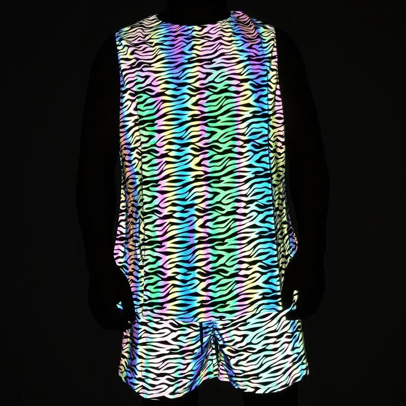 Men`s Tracksuits Summer Men`s Tracksuit Sets Colorful Reflective Tank Top Elasticity Breathable Sportswear Vests Light Reflection