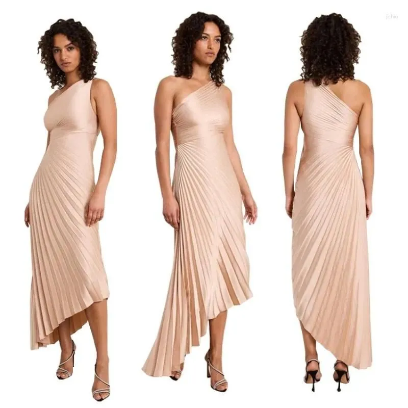 Casual Dresses Women`s Fashion Solid Color One-shoulder Pleated Satin Sexy Dress Evening Vestidos De Mujer