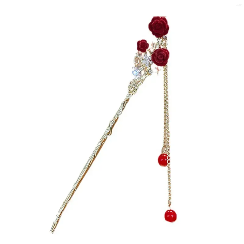 Hair Clips Chinese Stick Red Rose Floral Hairpin Tiaras For Women Tassel Metal Classic Girls Bun Jewelry Girl Retro Bijoux