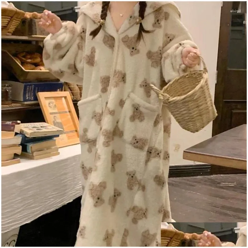 Women`s Sleepwear Flannel Nightgowns Women Fleece Warm Bear Korea Style Sweet Sleepshirt Thermal Winter Nightdress Nightwear Home