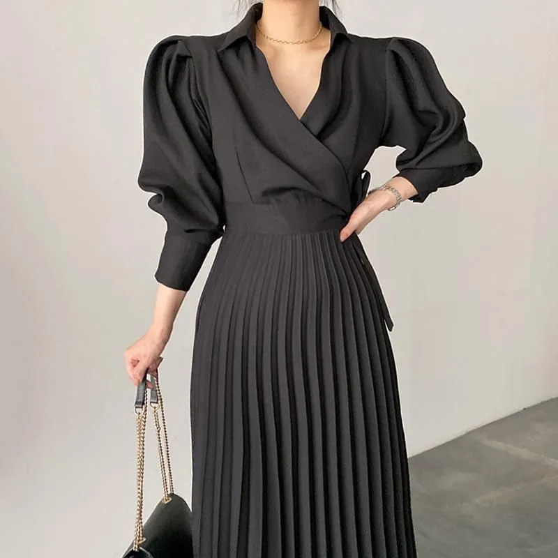 Casual Dresses Long Sleeve High Waist Spring Luxury Autumn Woman Pleated Dress Female A-Line Party Elegant Vintage Maxi For Women