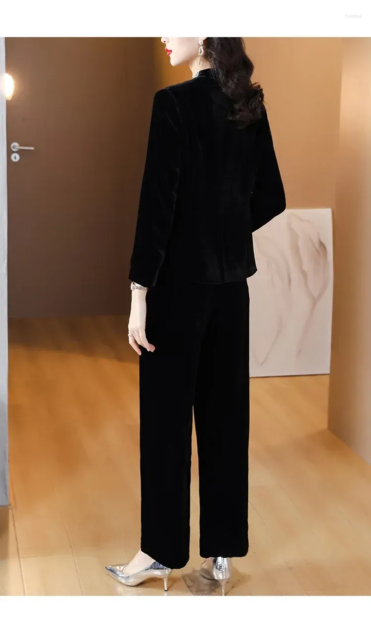 Women`s Two Piece Pants 2024 Autumn/Winter Black Silk Embroidered Velvet Long Sleeve Jacket Set V-Neck Loose Large Slim